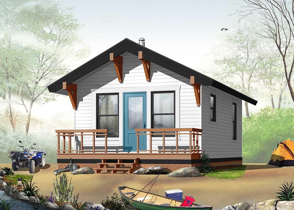 House plan exterior. One-story with a gable roof, front porch, and exposed rafter tails. Features horizontal siding and a blue entry door.