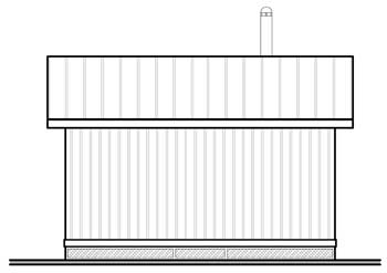 Front elevation drawing of a two-story house plan featuring vertical siding and a prominent hip roof.