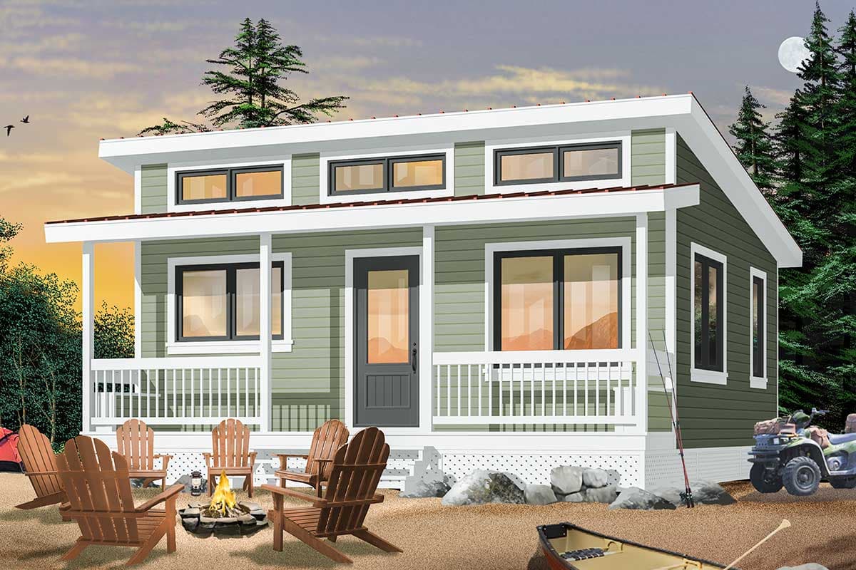 House plan exterior: one-story modern design with wraparound porch, prominent gables, and clerestory windows.