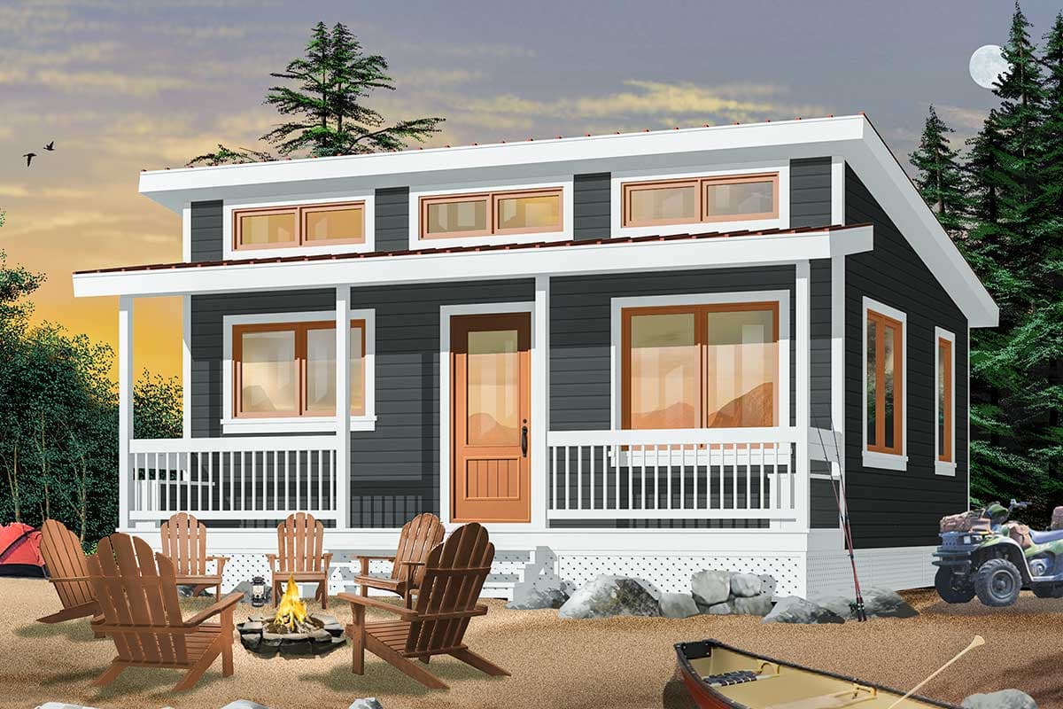 House plan exterior: Two-story modern home with a wrap-around porch, wide eaves, and multiple horizontal windows.