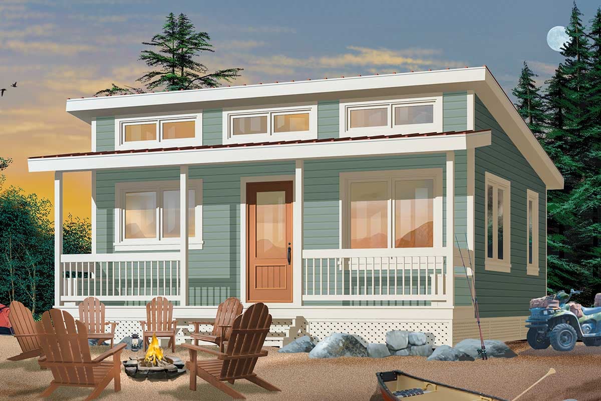 House plan exterior. One-story cottage with porch, horizontal siding, and a low-sloped roof. Features include a front entry door and multiple windows.
