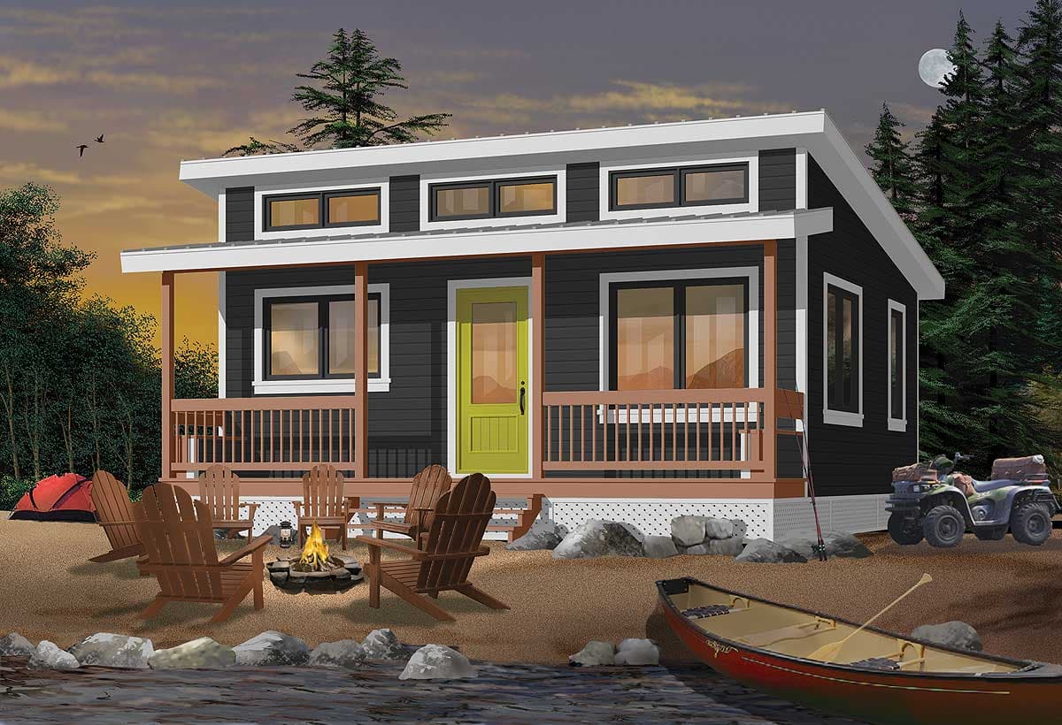 Modern cottage house plan exterior with covered porch, horizontal siding, and linear window arrangement.
