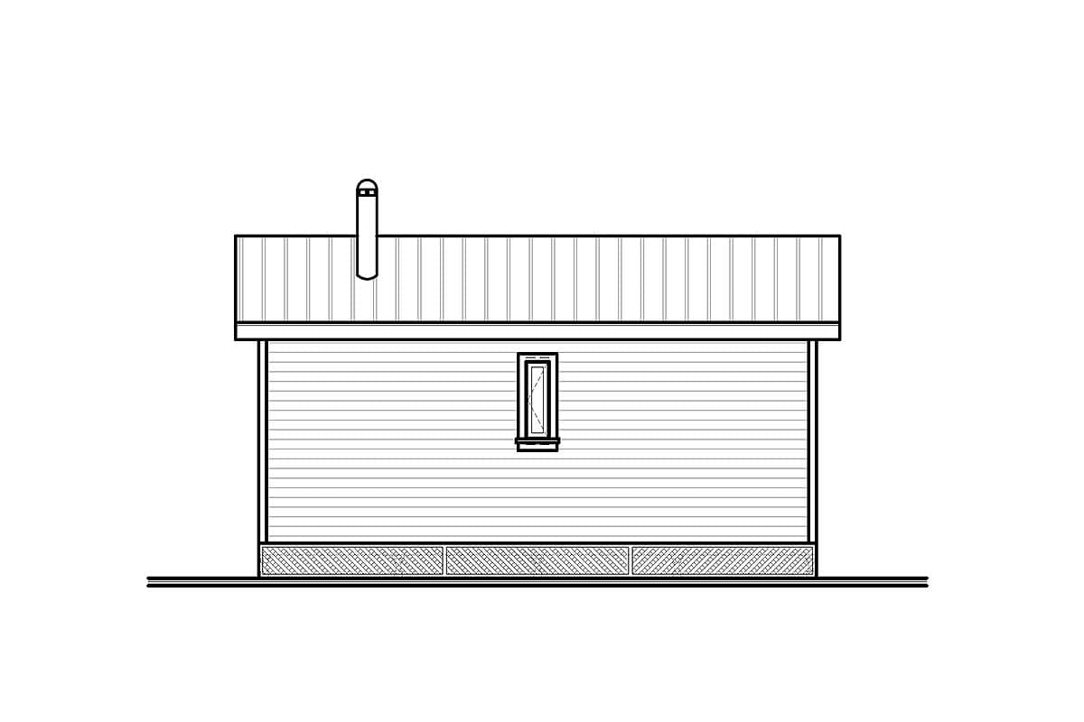 House plan side elevation drawing showing siding, a single window, metal roof, and chimney.