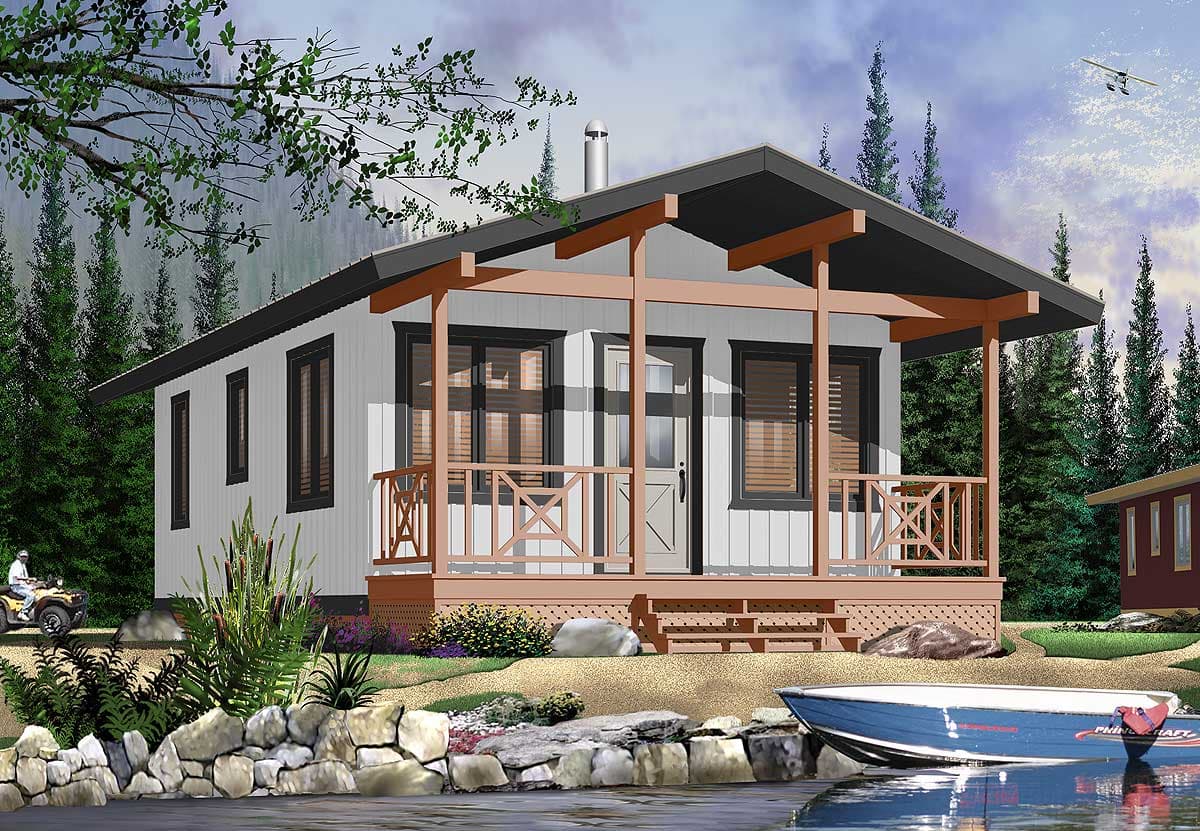 House plan exterior: one-story modern cottage with a covered porch, gabled roof, and simple vertical siding.