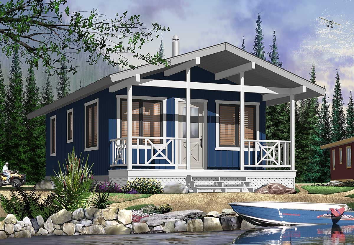 House plan exterior: Single-story Modern style with a covered front porch, gables, and vertical siding.