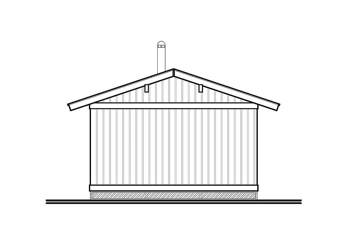 House plan elevation drawing of a one-story structure with vertical siding, a gable roof, and a chimney.