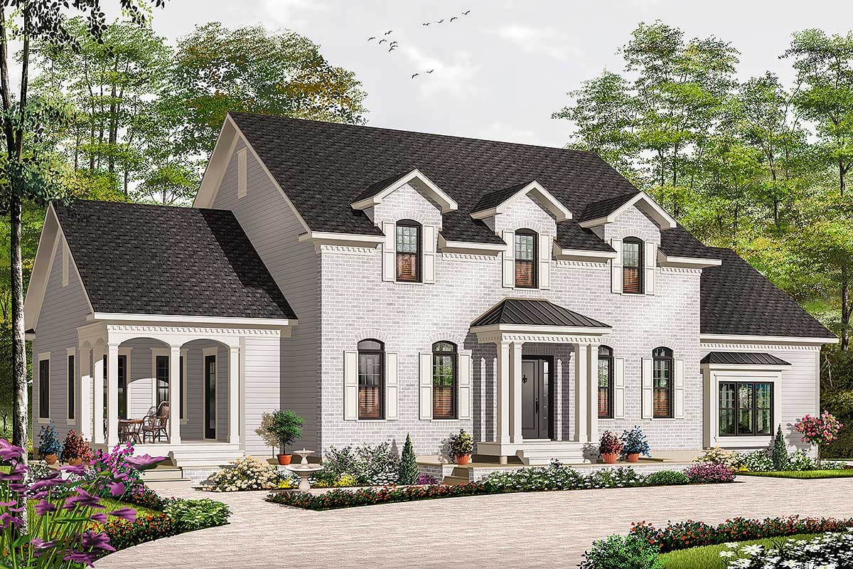 House plan exterior. Two-story Colonial-style home with gabled roof, dormers, and a covered front porch with columns. Brick and siding exterior.