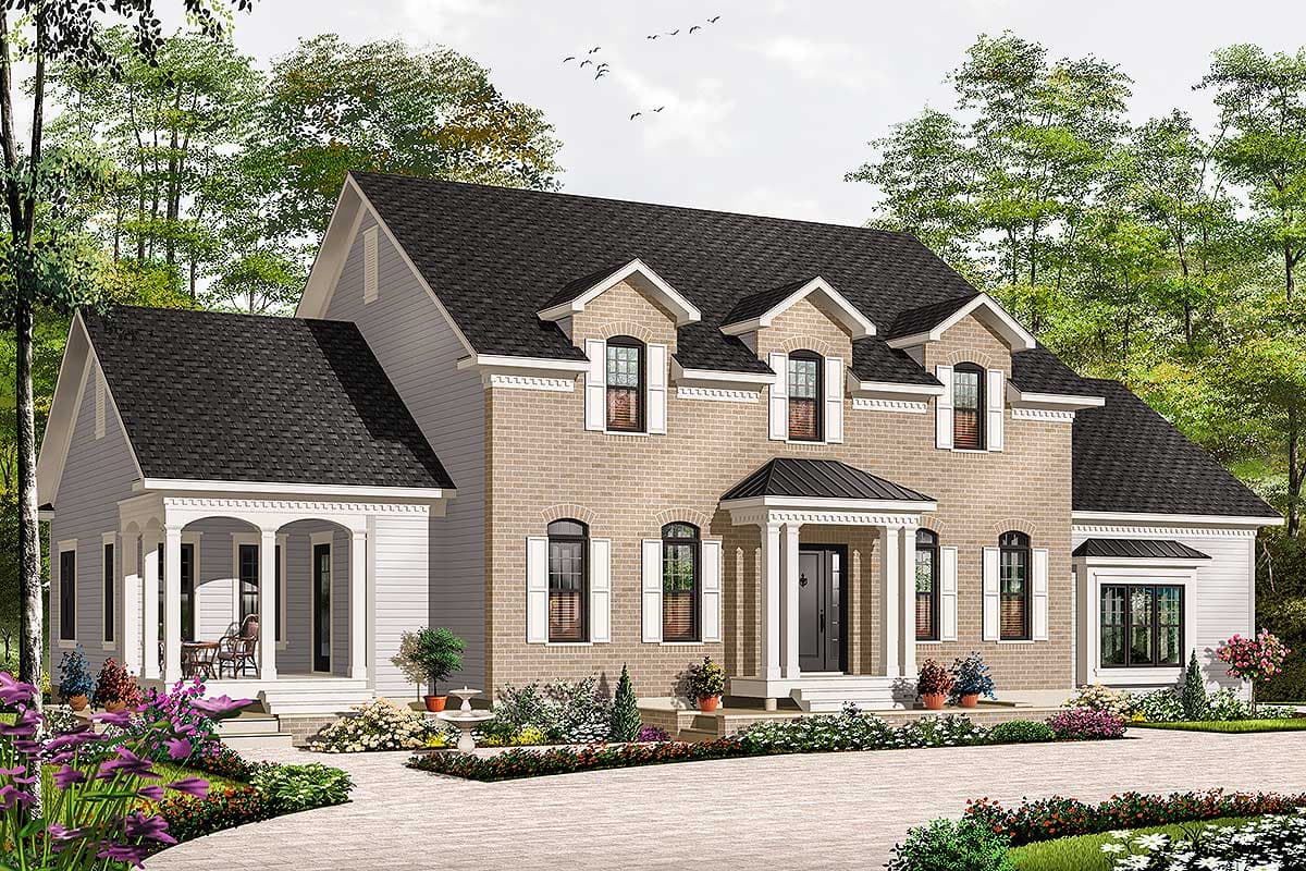 House plan exterior: Two-story dwelling with brick and siding, multiple gables, dormers, and covered front porch with columns.