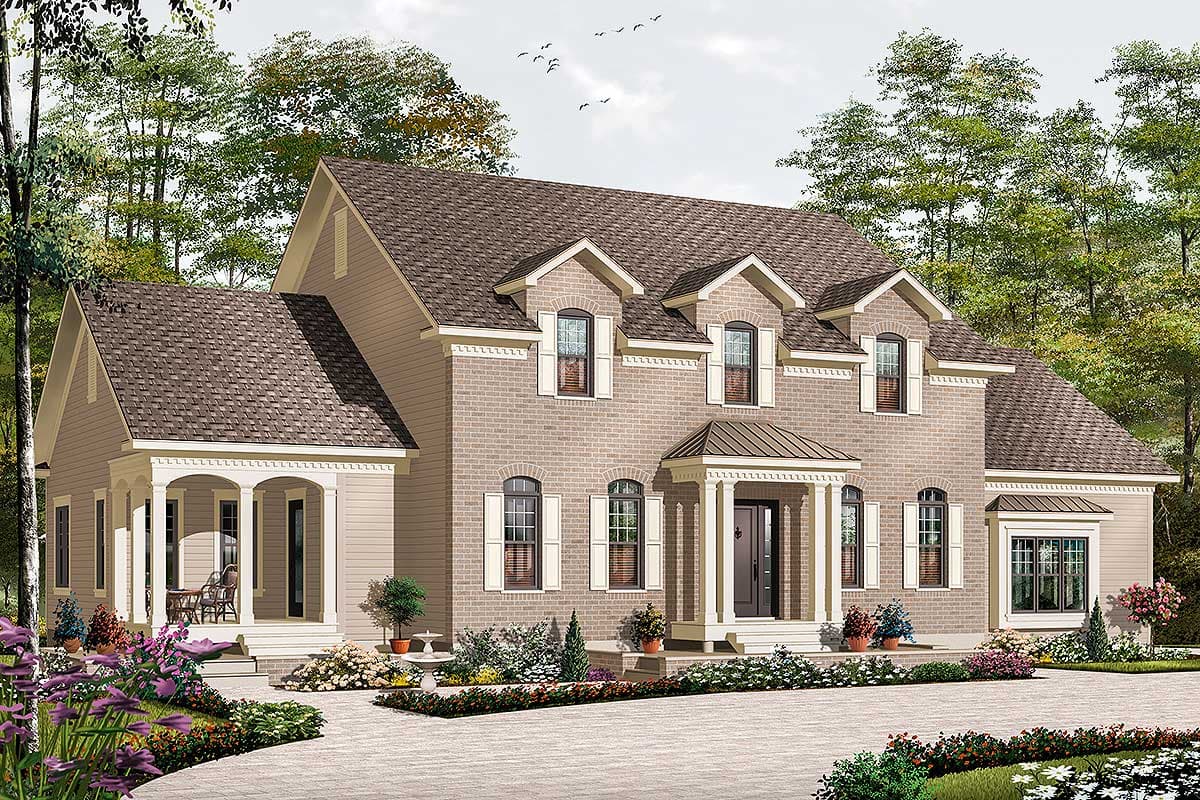 House plan exterior with brick and siding, a covered front porch with columns, and three dormers.