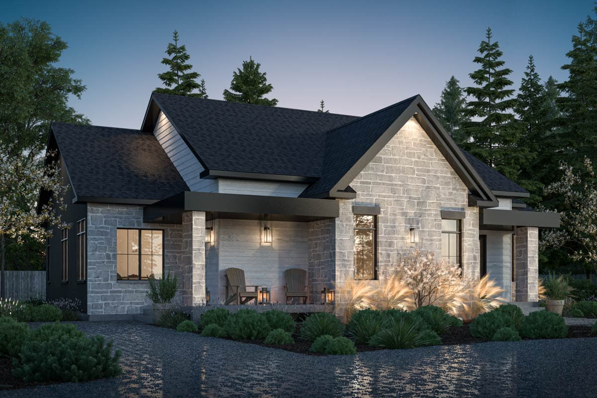 House plan exterior rendering of a one-story Modern Farmhouse with stone siding, prominent gables, and a covered front porch.