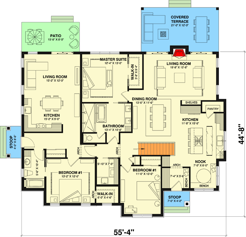 Plan 21768DR: Multi-Generational House Plan with a 2 Bed Unit and a 1 Bed Unit by a Shared Laundry Room - Floor Plan - Main Level - European, Ranch, Transitional