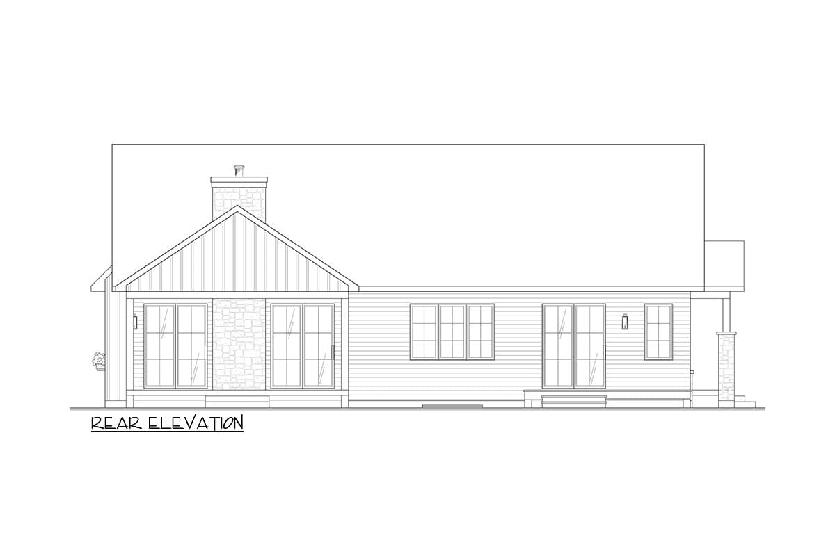 Rear elevation drawing of a house plan featuring a gabled section with stone cladding, vertical siding, multiple windows, and a porch.