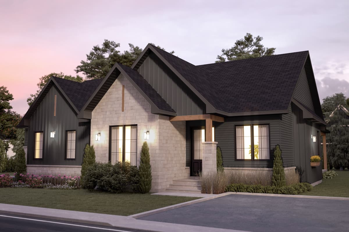Modern Farmhouse style house plan exterior with gabled rooflines, stone and board and batten siding, and covered entry.
