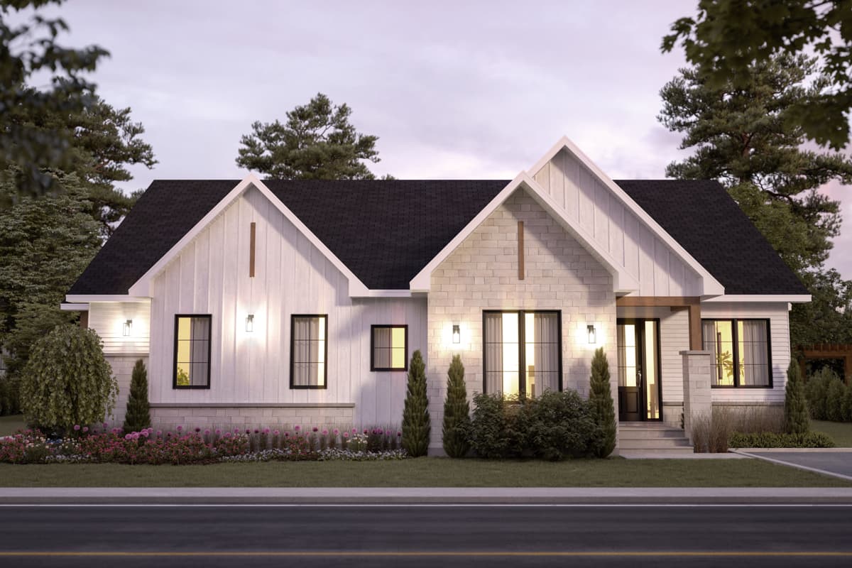 Modern Farmhouse style house plan exterior with a prominent gable, board-and-batten siding, and stone accents.