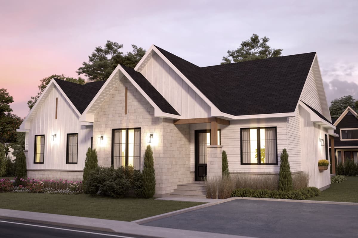 Modern Farmhouse house plan exterior with white board and batten siding, stone accents, multiple gables, and dark roof.