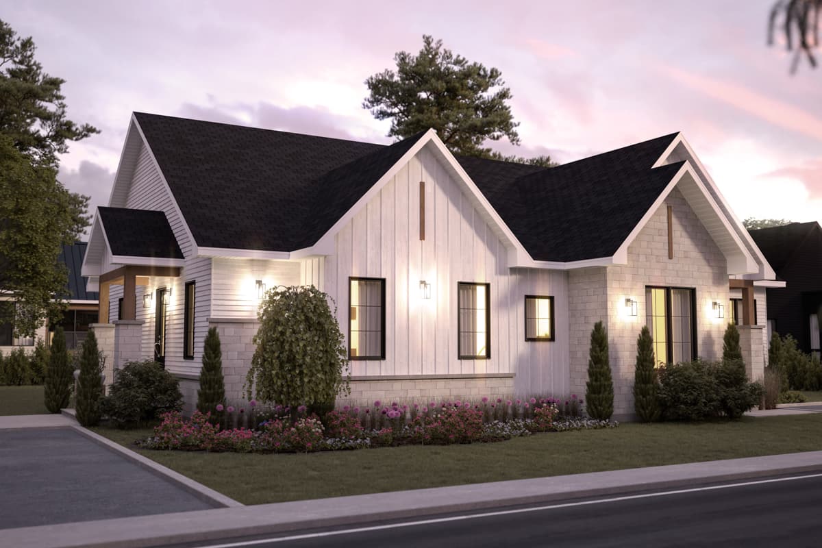 Modern Farmhouse style house plan exterior with multiple gables, white vertical siding, stone accents, and a covered entry.