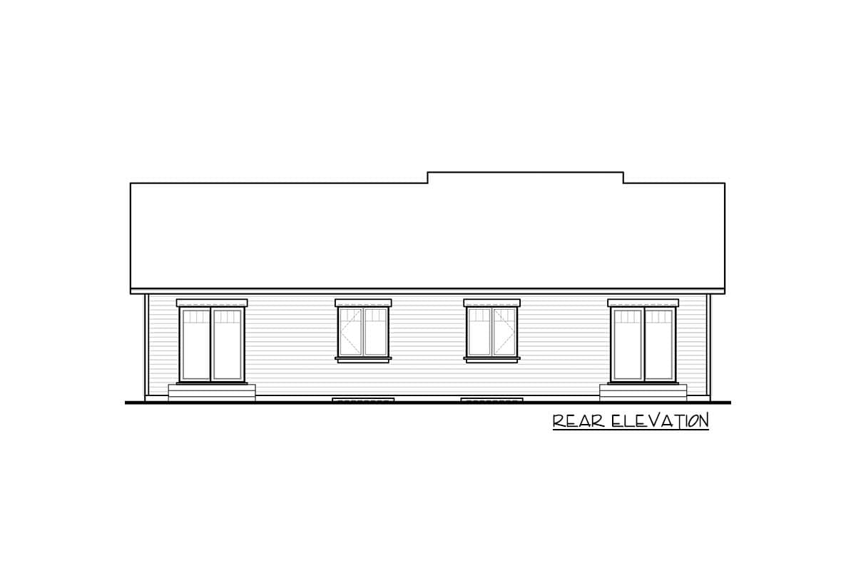 Rear elevation drawing of a house plan with horizontal siding, five windows, and two double doors.