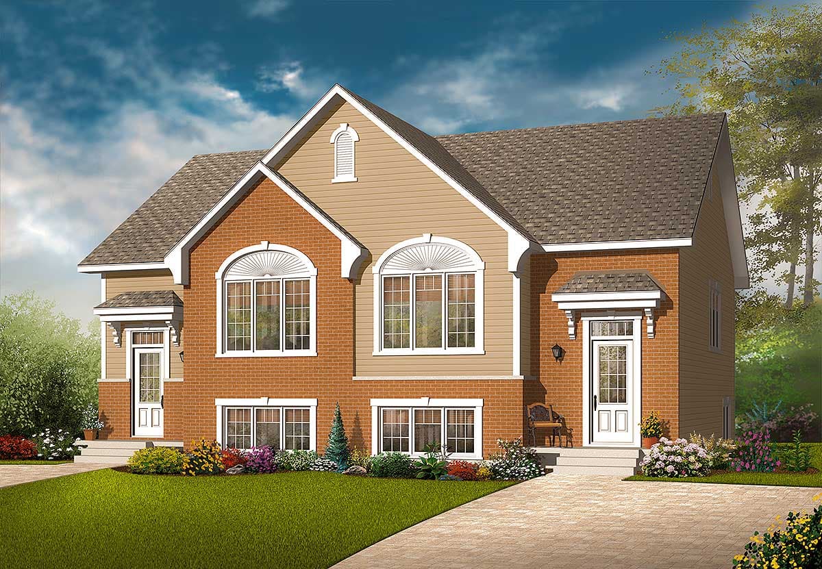 House plan exterior featuring brick and siding, two stories, arched windows, and prominent gables.