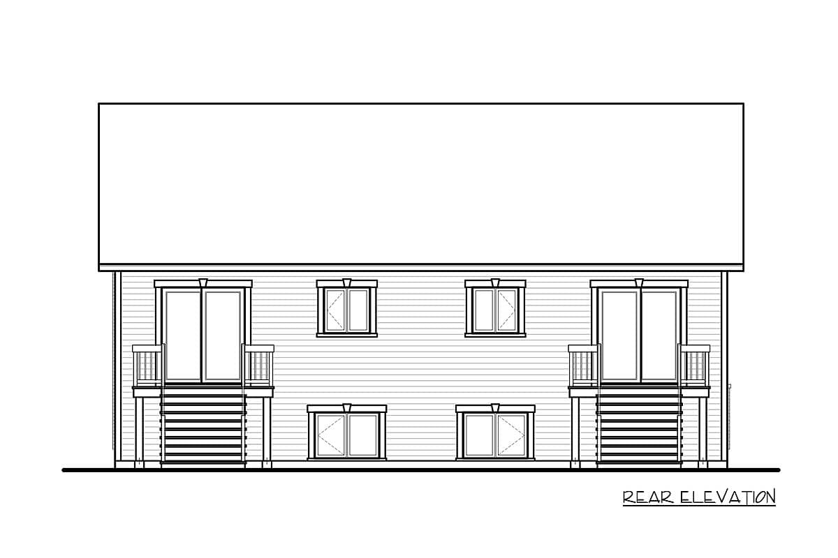 Rear elevation drawing of a two-story house plan with double doors, two balconies, and six windows.