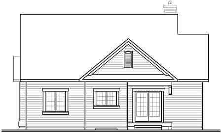 House plan rear elevation showing a gabled dormer, two windows, and French doors.
