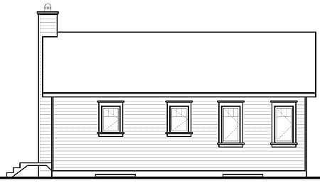 Side elevation drawing of a house plan with a prominent chimney, horizontal siding, and four evenly spaced windows.