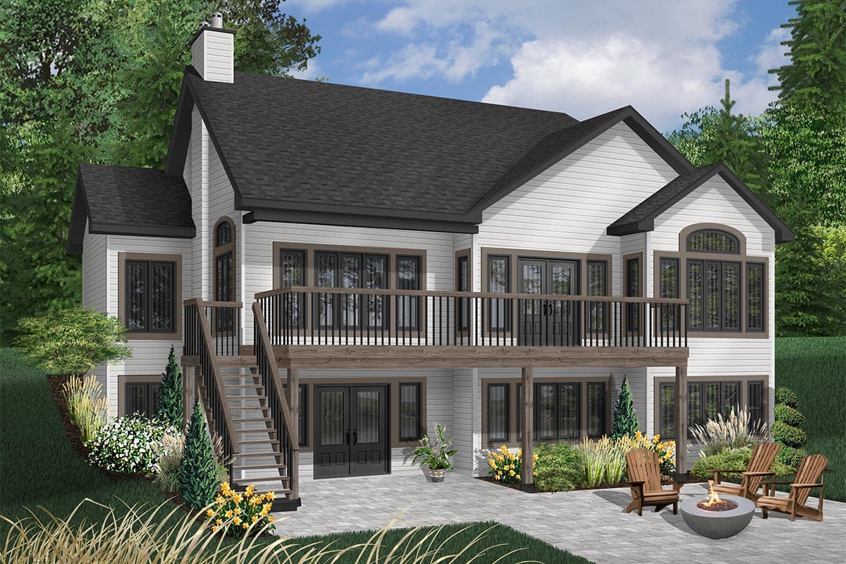 House plan exterior: Modern style, two stories, featuring a wide upper deck with dark railings and a lower level with double doors.