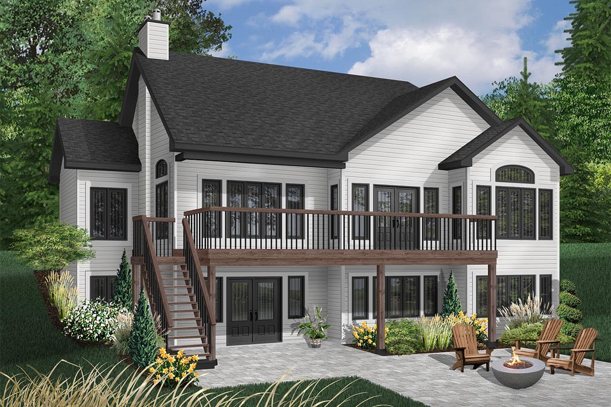 House plan exterior featuring a multi-level home with a wraparound deck, exterior stairs, prominent chimney, and varied window shapes.