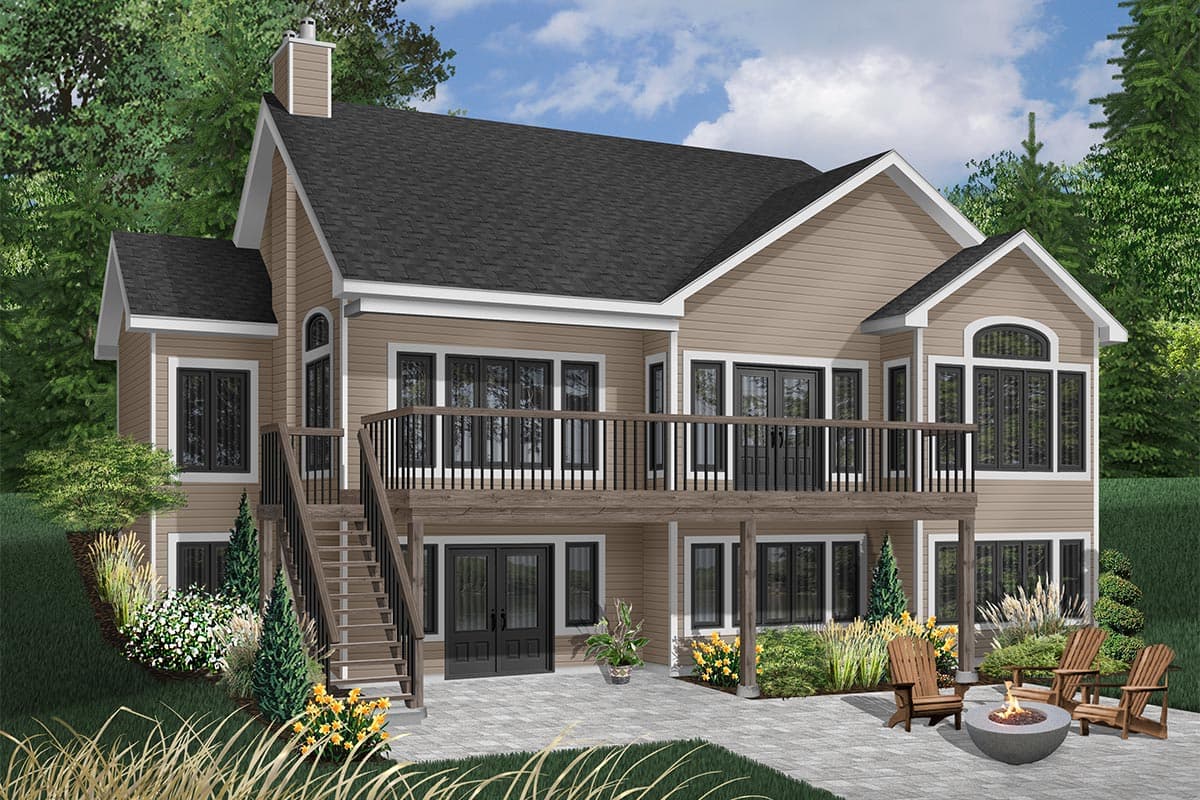 House plan exterior: Two-story Modern Farmhouse with deck, prominent gables, arched window, and double front doors.