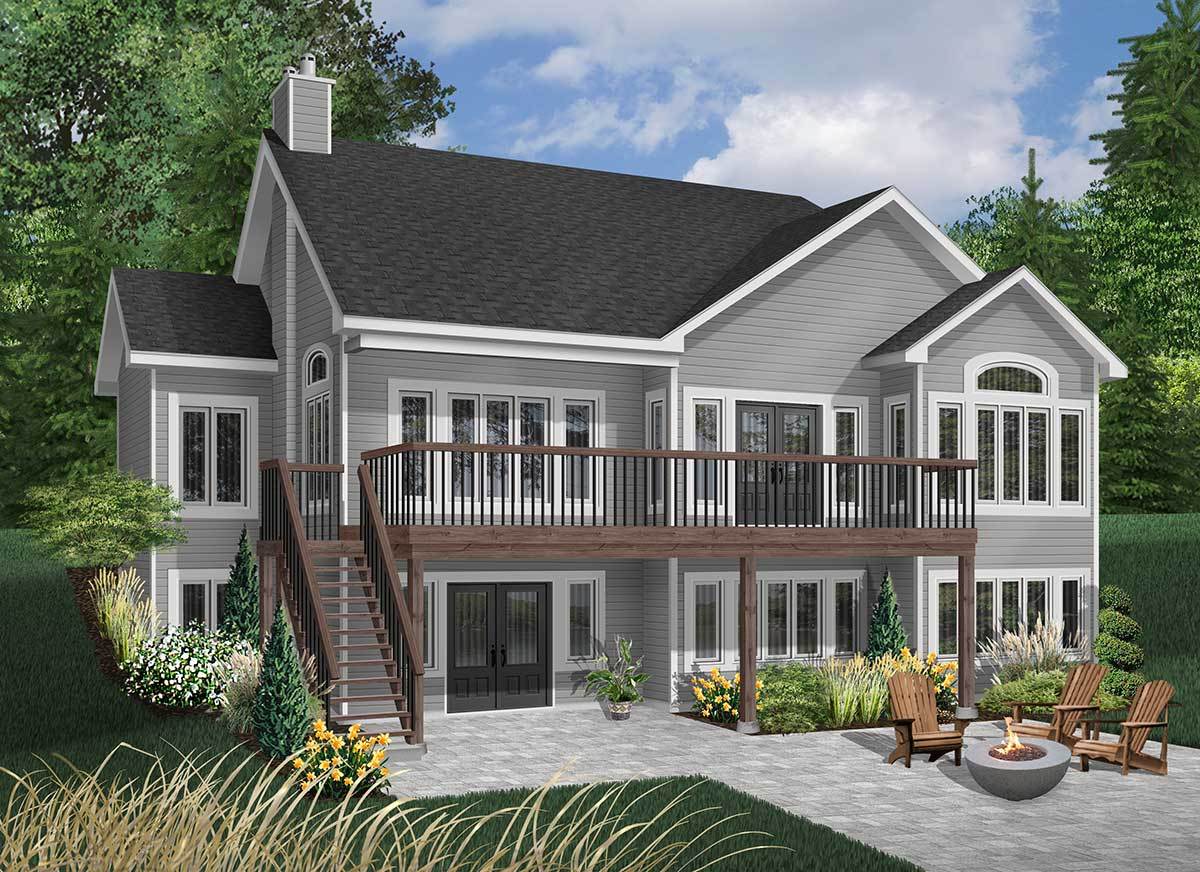 House plan exterior. Two-story with gable roof, upper-level deck, and exterior stairs leading to a lower level with double doors.