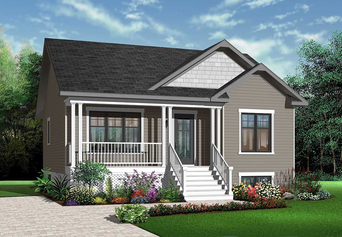 House plan exterior: Two-story Modern Farmhouse with a covered front porch, dormers, and gabled rooflines.