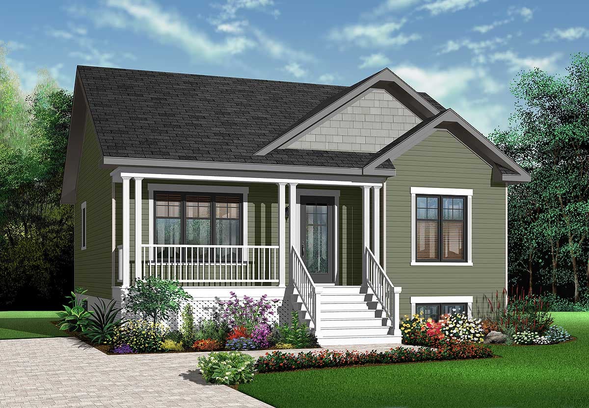 House plan exterior: Two-story Modern Farmhouse with a covered front porch, gabled roof, and dormer window.
