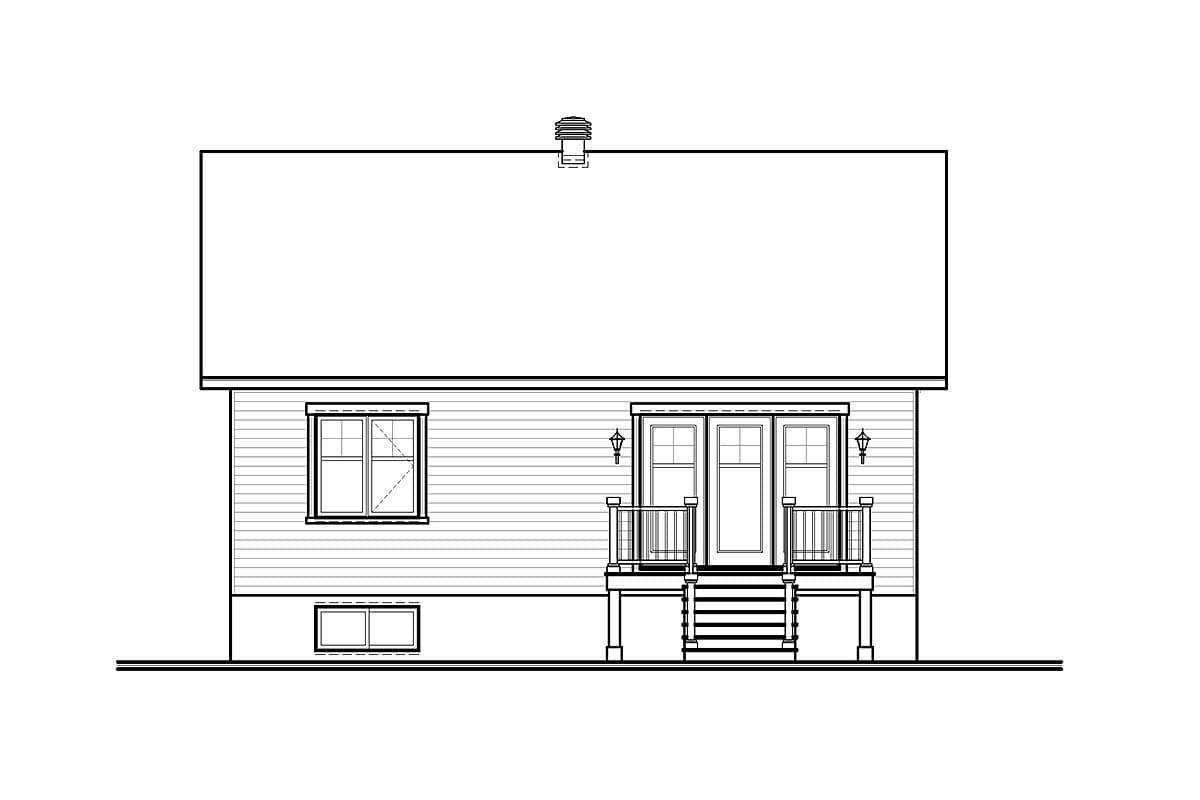 House plan exterior drawing showing a two-story house with a gable roof, double doors, railings, and one window.