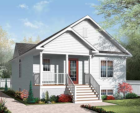 House plan exterior: Craftsman style, one story, covered front porch with stairs, white siding, multiple gables.