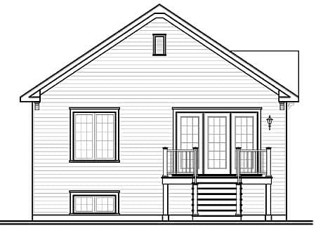 House plan rear elevation drawing showing a two-story structure with double doors, railings, and gabled roof.