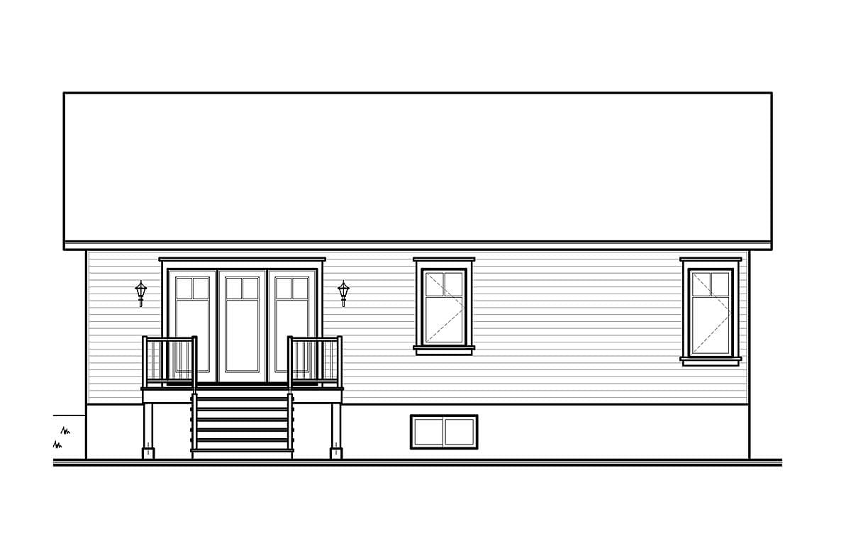 House plan rear elevation showing double doors with railings, three windows, and a simple roofline.