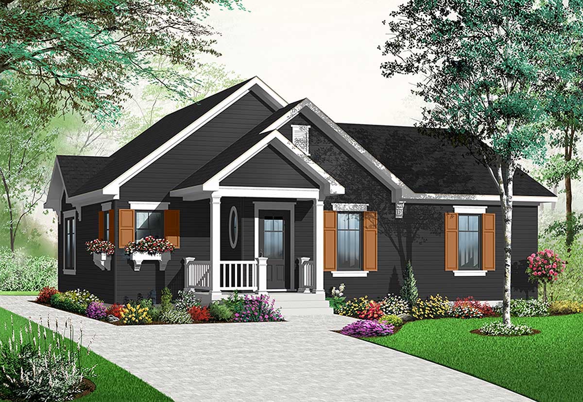 House plan exterior: One-story bungalow with gabled roof, front porch with columns, chimney, and shuttered windows.