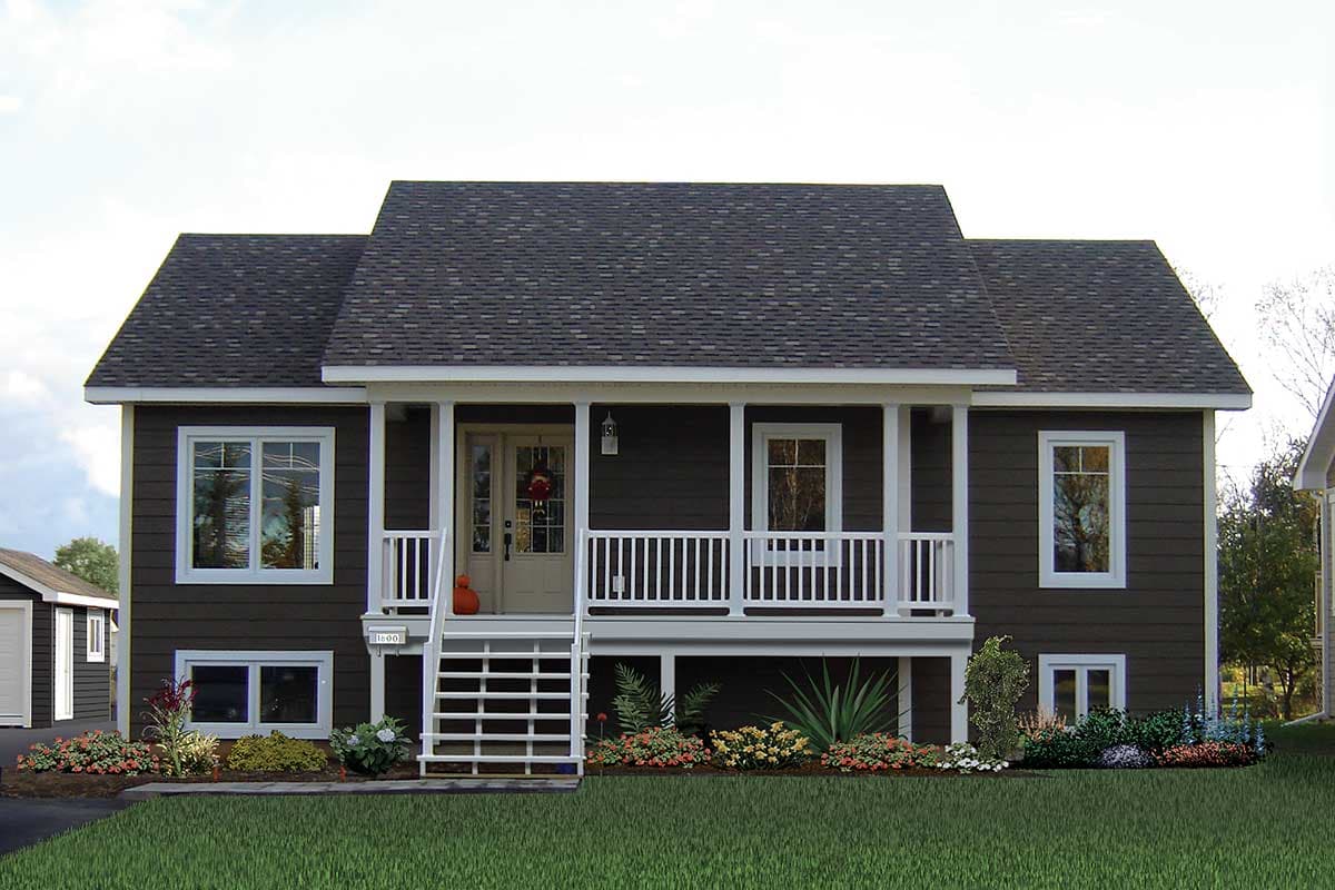 House plan exterior: two-story dark brown house with a covered porch, white railings, and multiple gables.