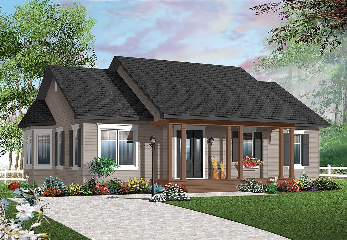 House plan exterior: One-story home with covered front porch, bay windows on the left, and gabled dormers.