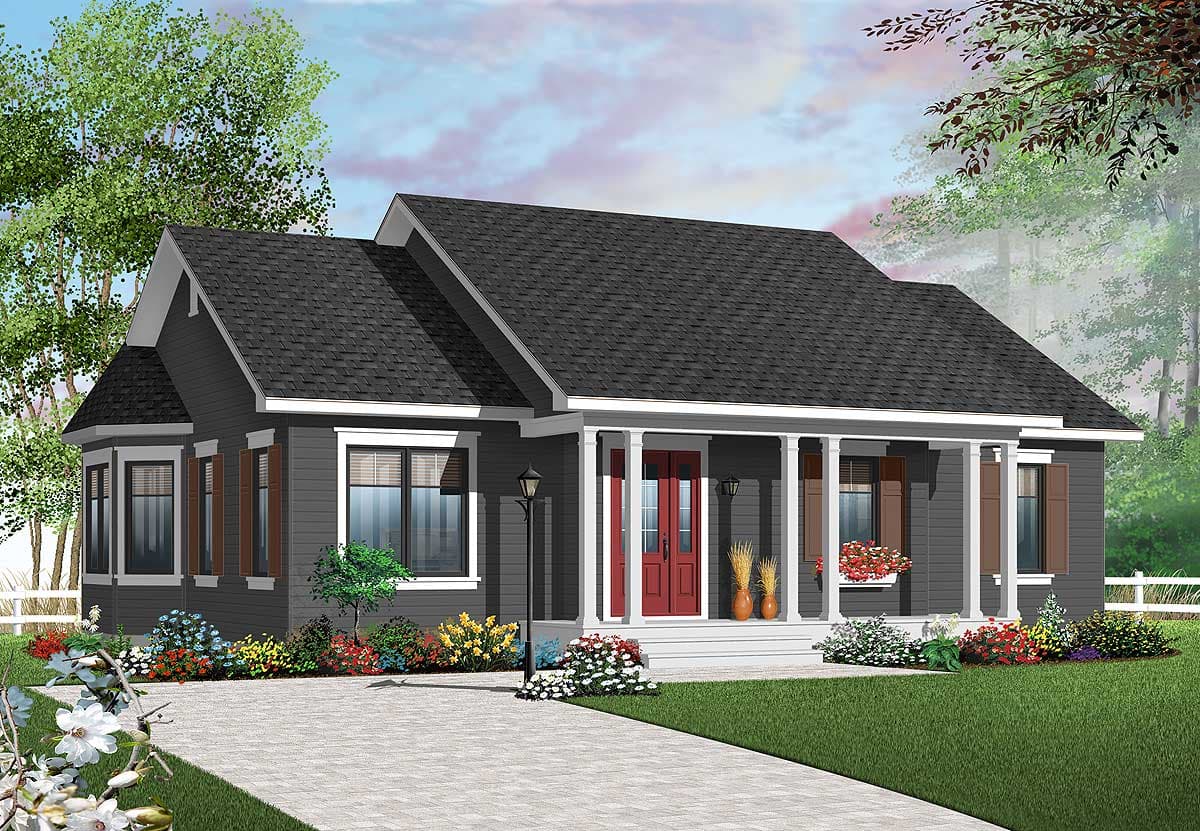 House plan exterior: Single-story home with a covered front porch, columns, gable accents, and a bay window.