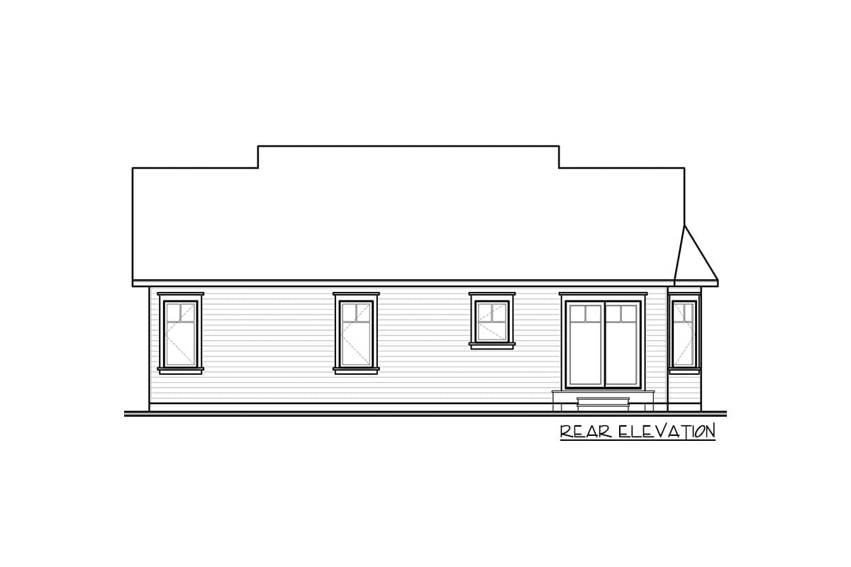 Rear elevation drawing of a house plan with clapboard siding, multiple windows, sliding glass doors, and a stepped roofline.