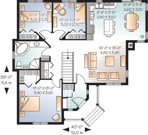 Plan 21787DR: Small House Plan with Three Bedrooms and an Angled Entry - 1201 Sq Ft - Floor Plan - Main Level - Traditional