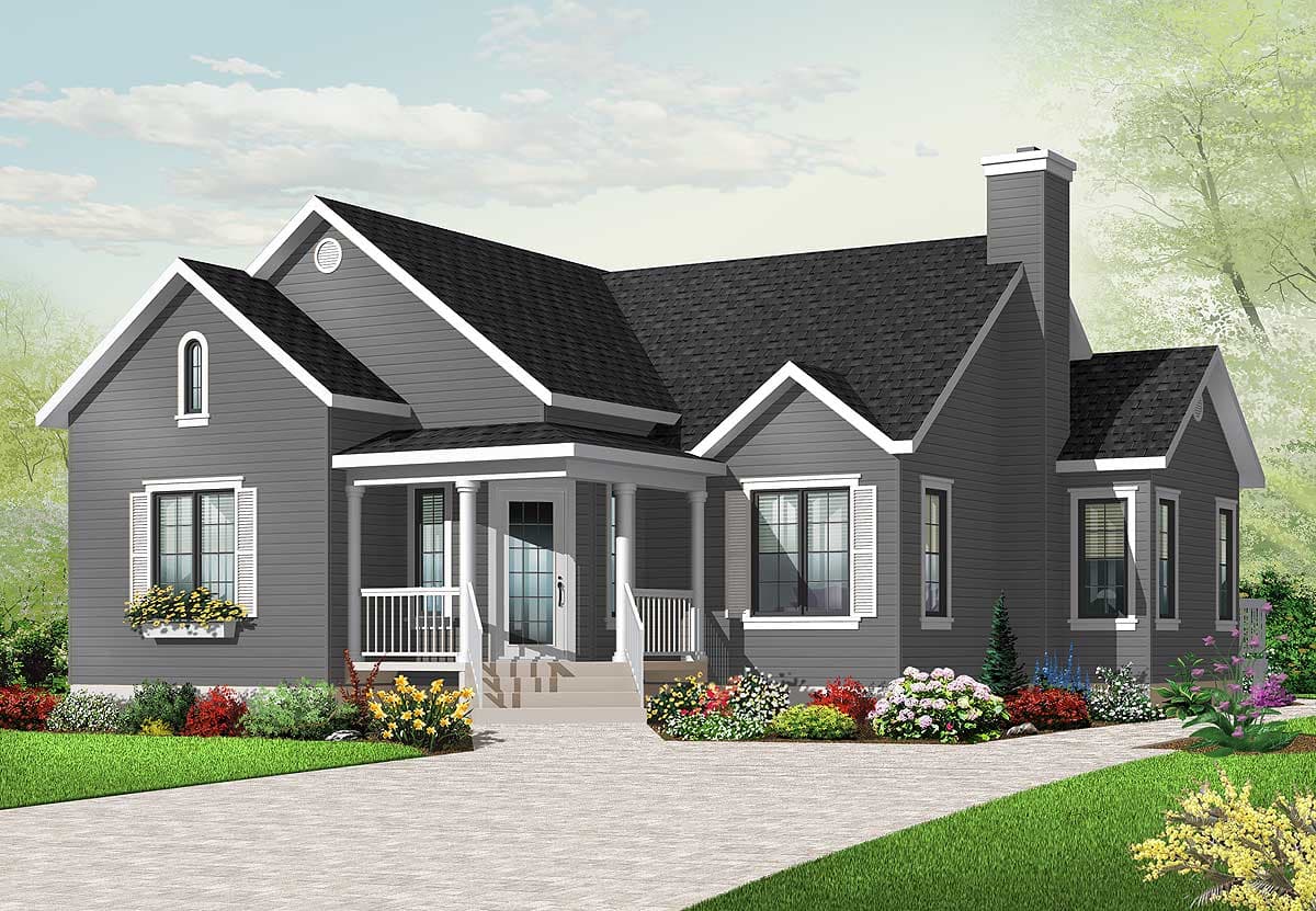 House plan exterior with a covered front porch, gable dormers, and a prominent chimney.
