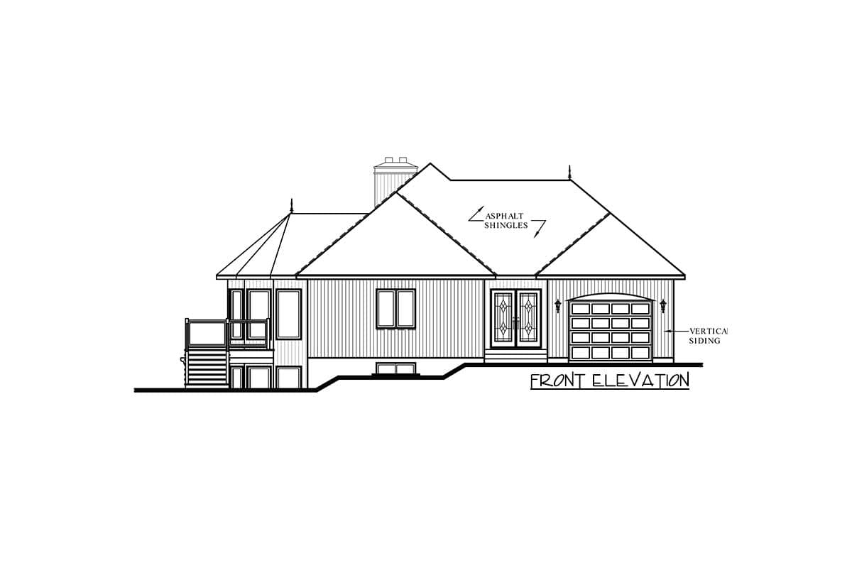 Front elevation house plan with asphalt shingles, vertical siding, double front doors, and a two-car garage.