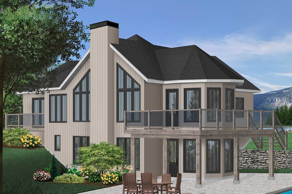 House plan exterior with two stories. Features include a polygonal roof, glass-railed deck, and a tall chimney with a dark roof.
