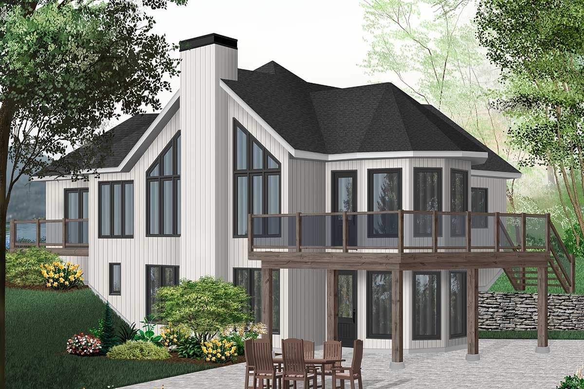 House plan exterior: Modern style, two stories, prominent chimney, large angular windows, and a wrap-around deck.