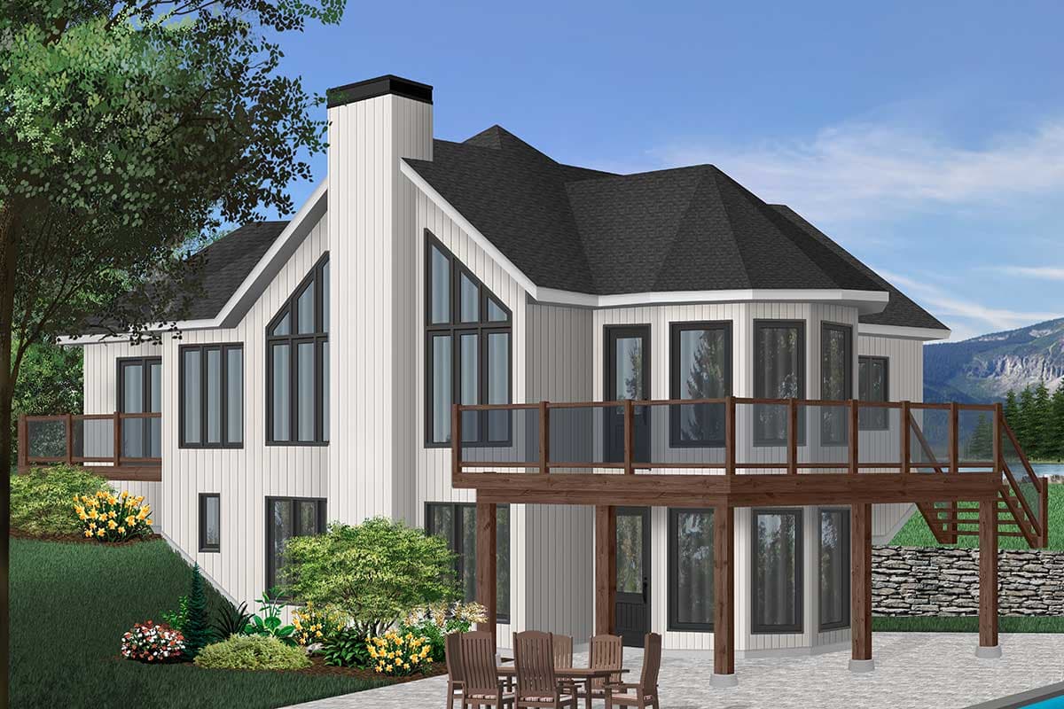 House plan exterior: Modern style, multi-story home with a prominent chimney, large angular windows, and an expansive wrap-around deck.