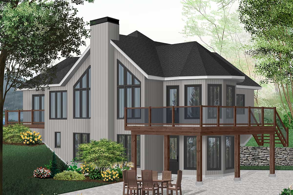 Modern house plan exterior with multi-story design, prominent chimney, triangular windows, and a large deck.