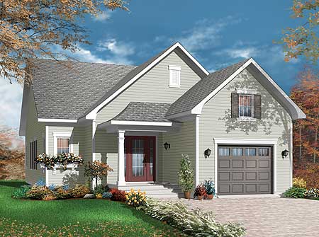 House plan exterior: One-story home with a covered front porch, gable dormer, and a single-car garage.