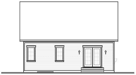 Rear elevation drawing of a house plan with double doors, two windows, and two exterior lights.