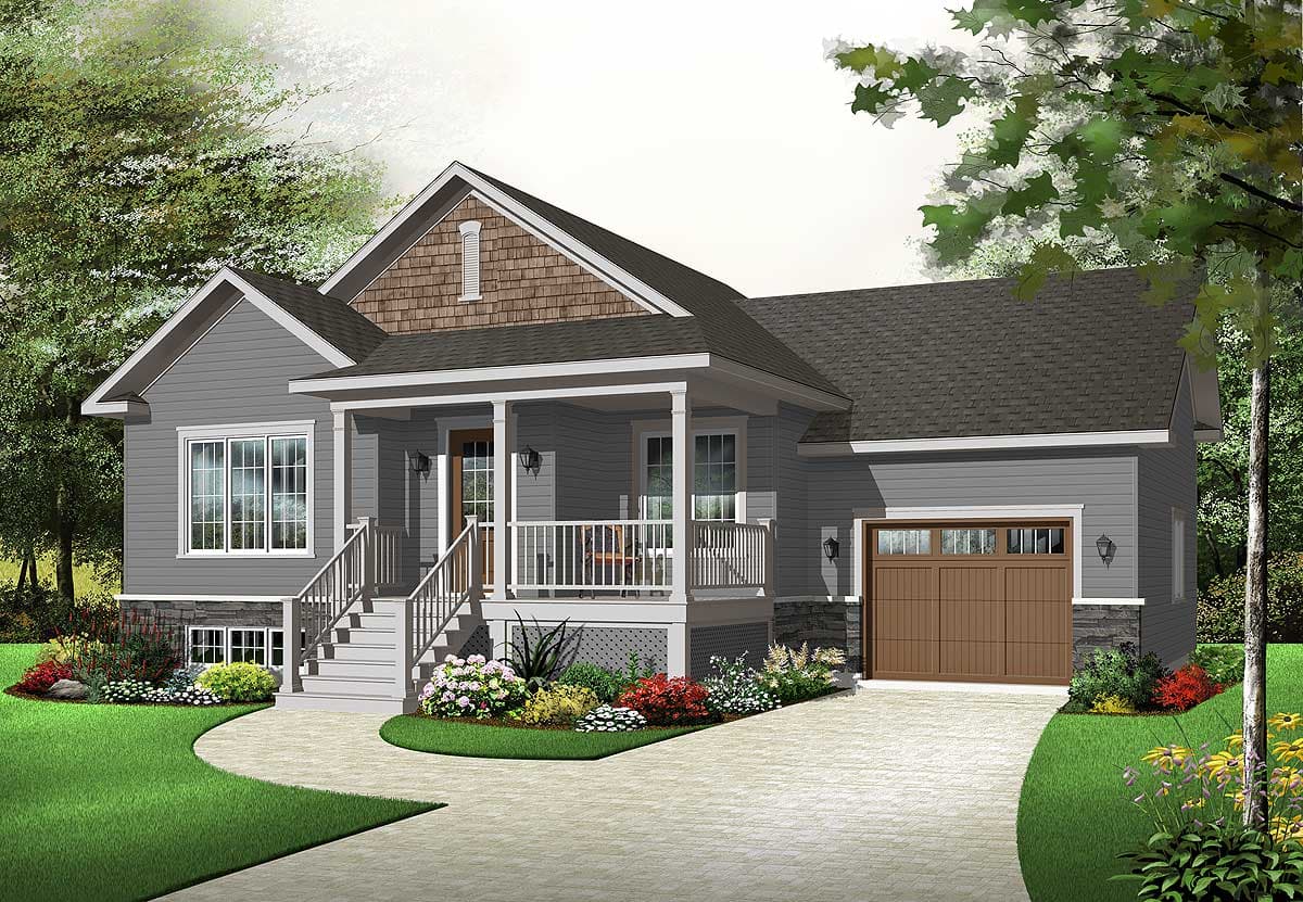 House plan exterior: Modern Farmhouse style, one story, with covered front porch, gables, and side-facing garage.